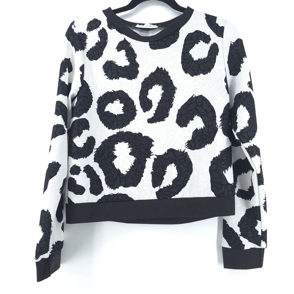Painted Thread Textured Animal Print Jacquard Sweatshirt Contrast Hem Pullover M